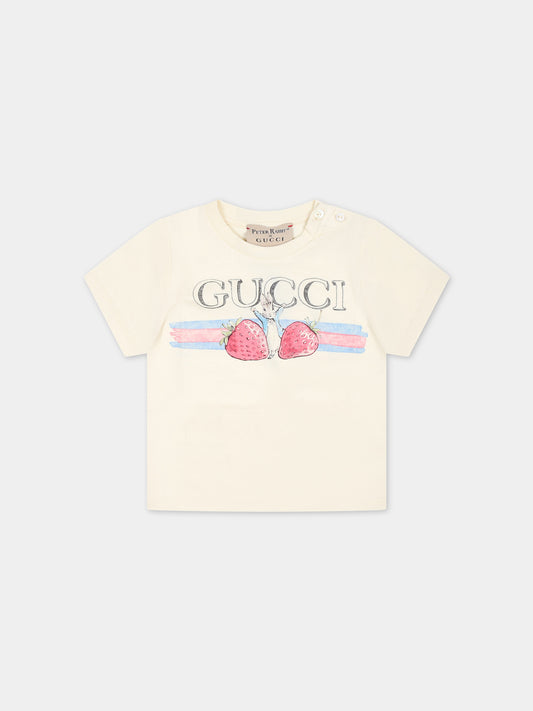 T-shirt avorio per neonata con Peter Rabbit,Gucci Kids,555675 XJF9G 9398
