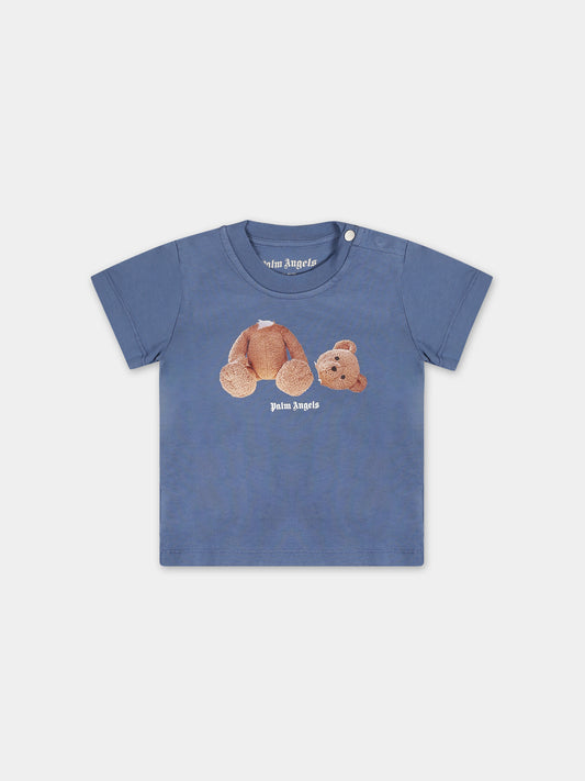 T-shirt blu per neonato con orso,Palm Angels,PBXB001S24JER0014560