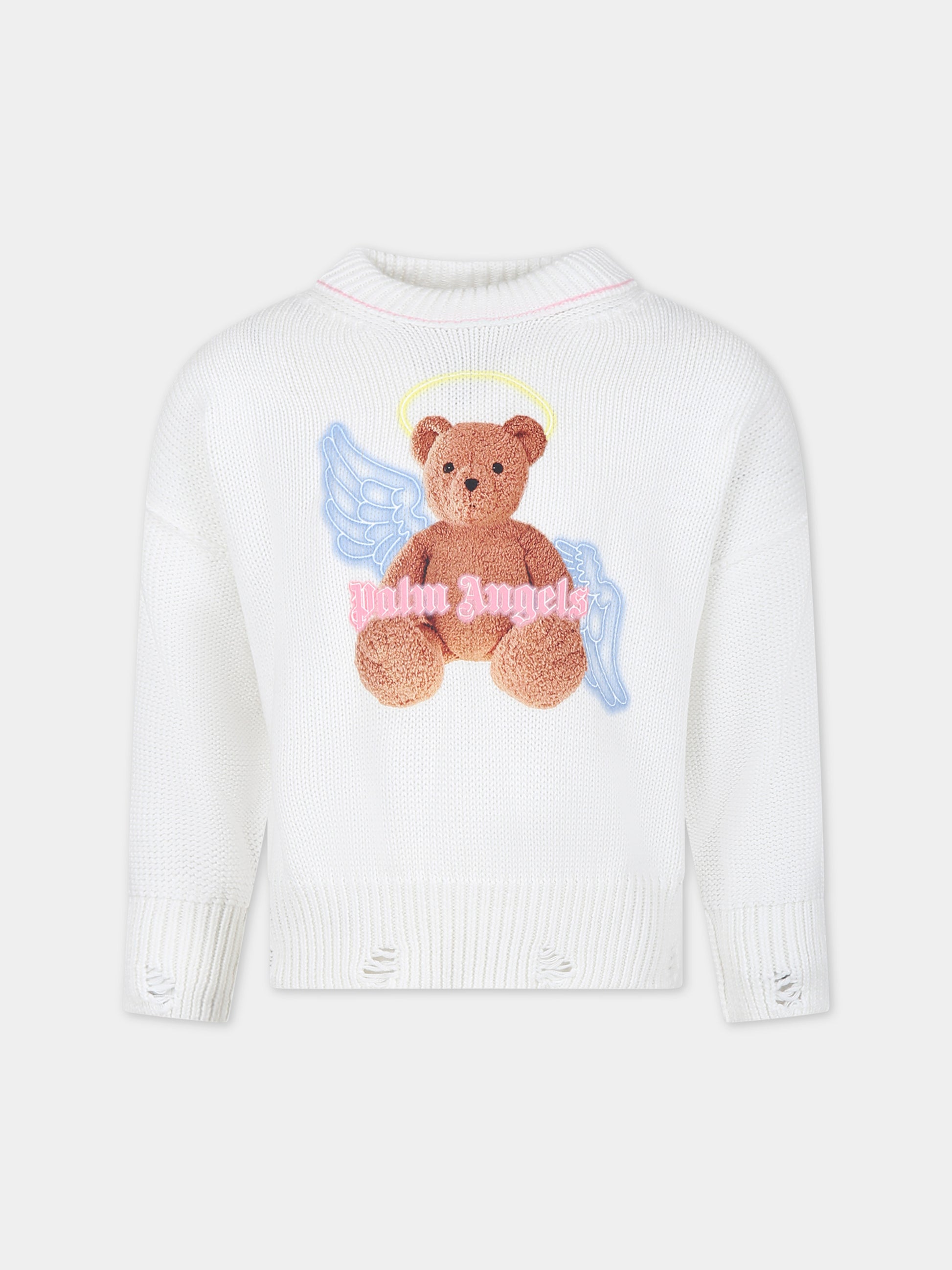 Maglione bianco per bambina con iconico Teddy Bear,Palm Angels,PGHE004S24KNI0020360