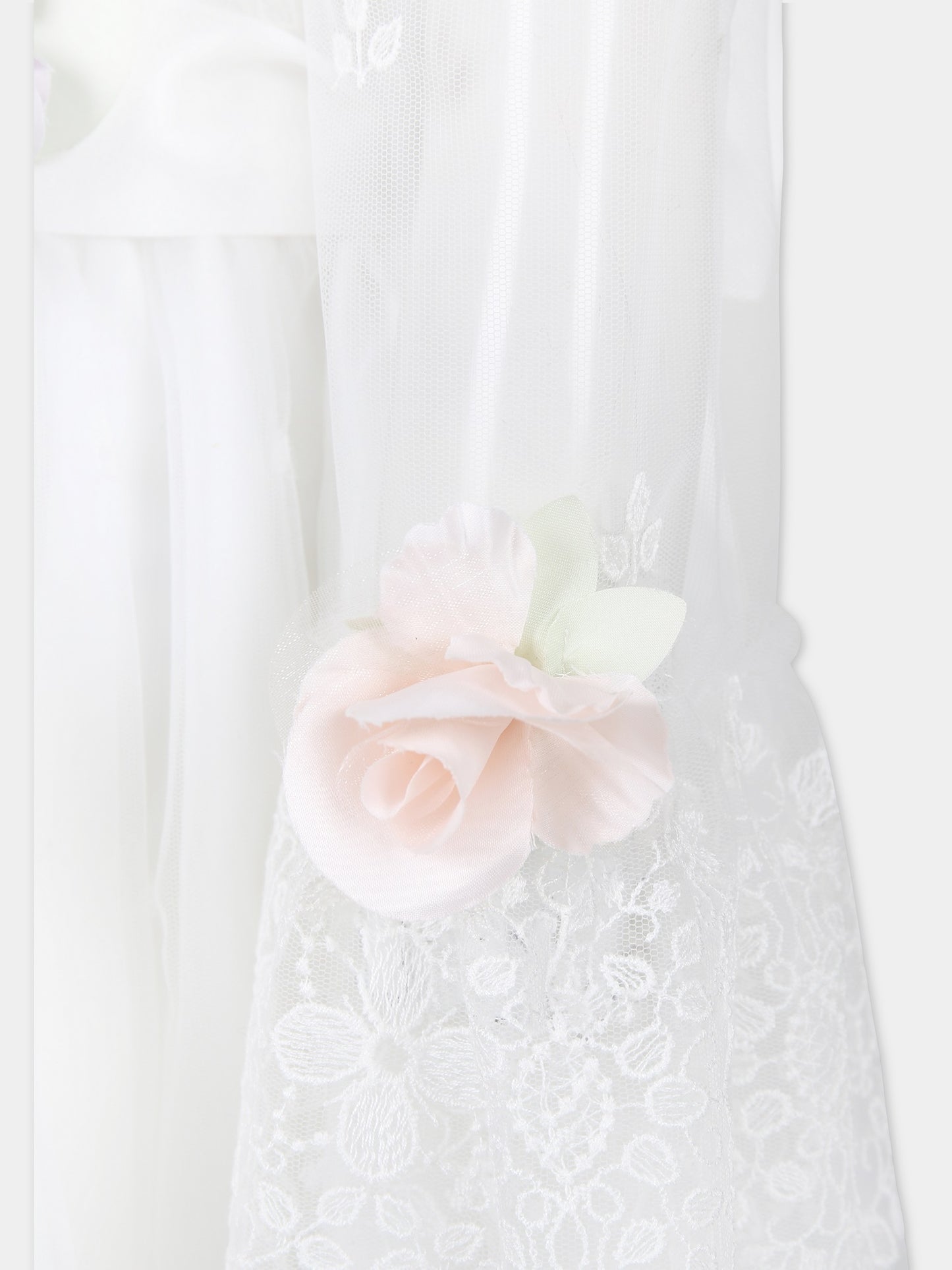 Vestito bianco per bambina con ricami e fiori,Monnalisa,71C914 3972 0001