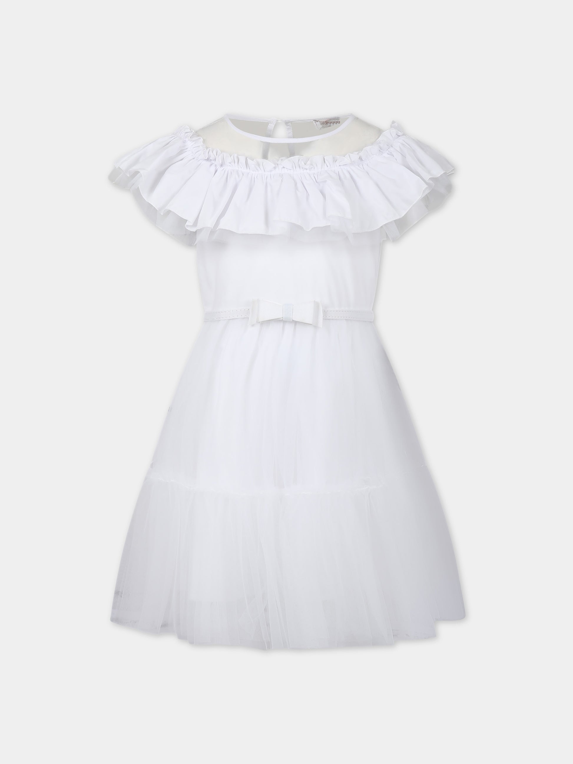 Vestito bianco per bambina con tulle e rouches,Monnalisa,17C905 T9945 0099