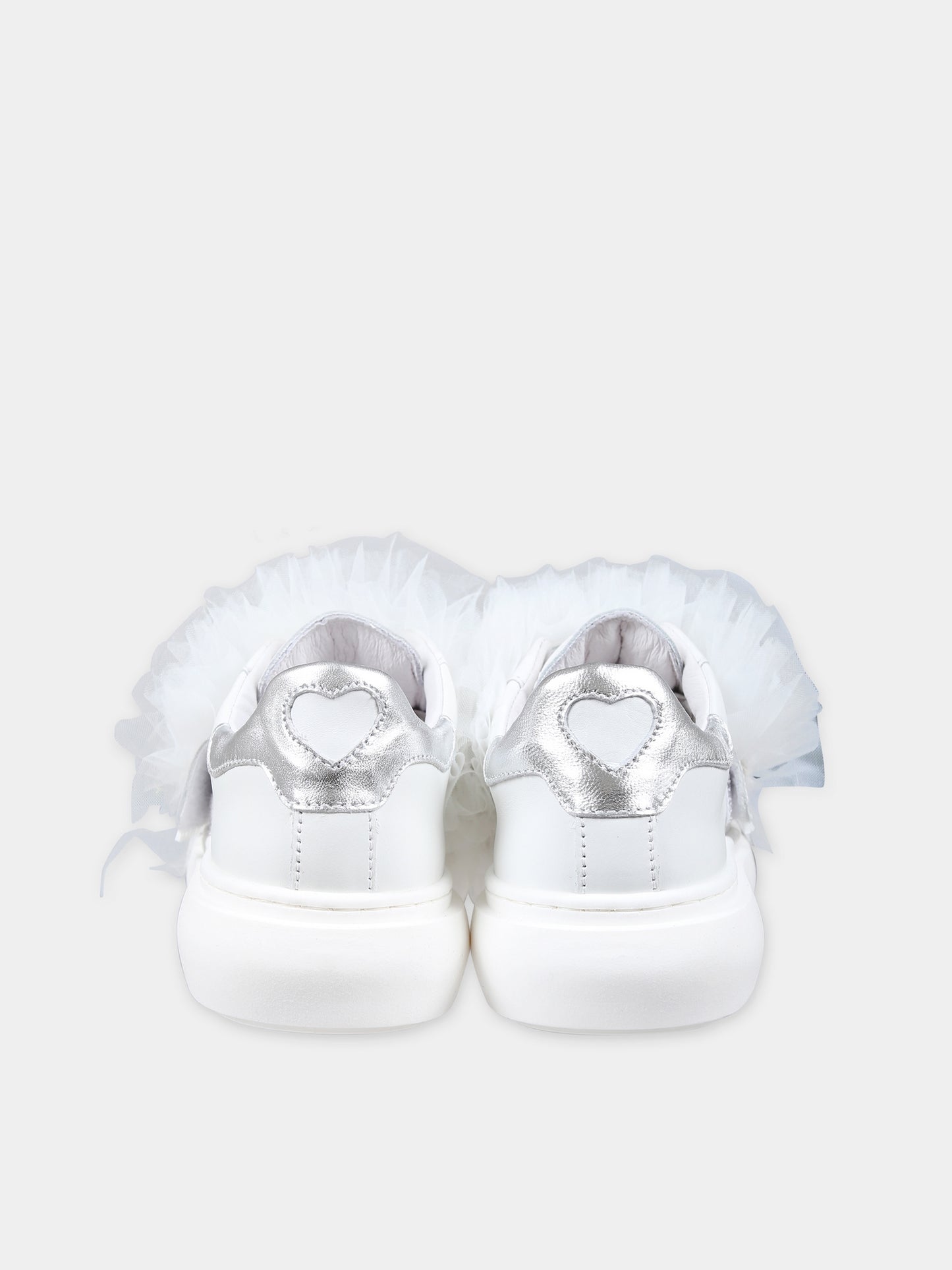 Sneakers basse bianche per bambina con tulle,Monnalisa,87C006 3739 0099