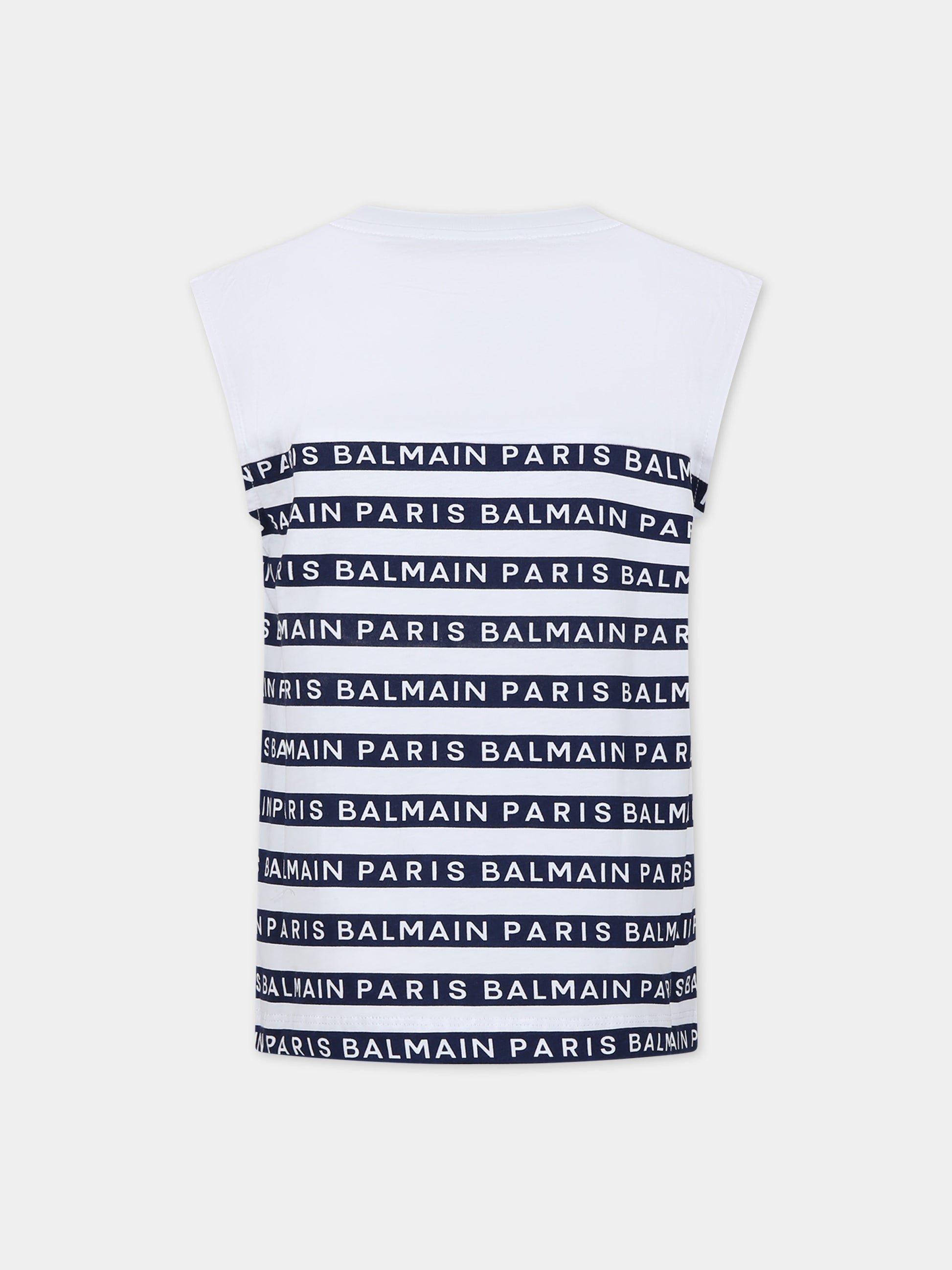 T-shirt bianca smanicata per bambini con righe blu e logo,Balmain Kids,BU8P82 Z1911 100BL