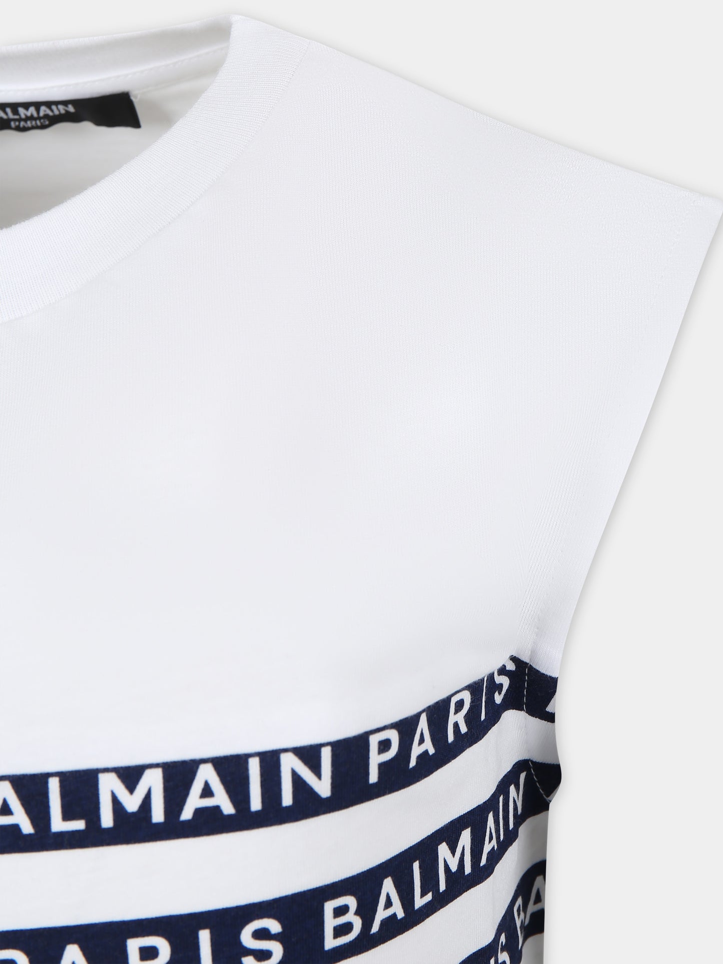 T-shirt bianca smanicata per bambini con righe blu e logo,Balmain Kids,BU8P82 Z1911 100BL