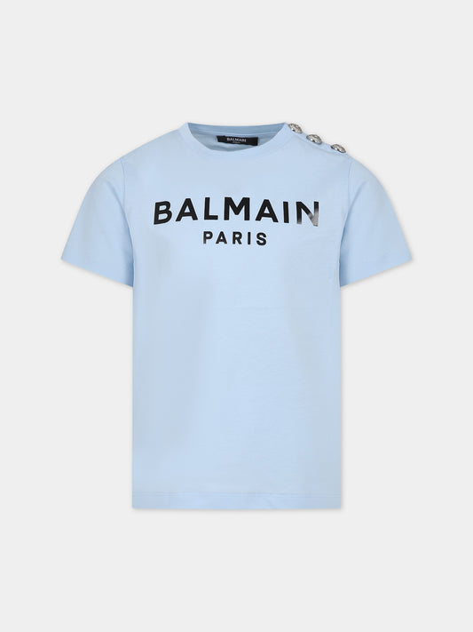 T-shirt celeste per bambini con logo,Balmain Kids,BU8P21 Z1751 684