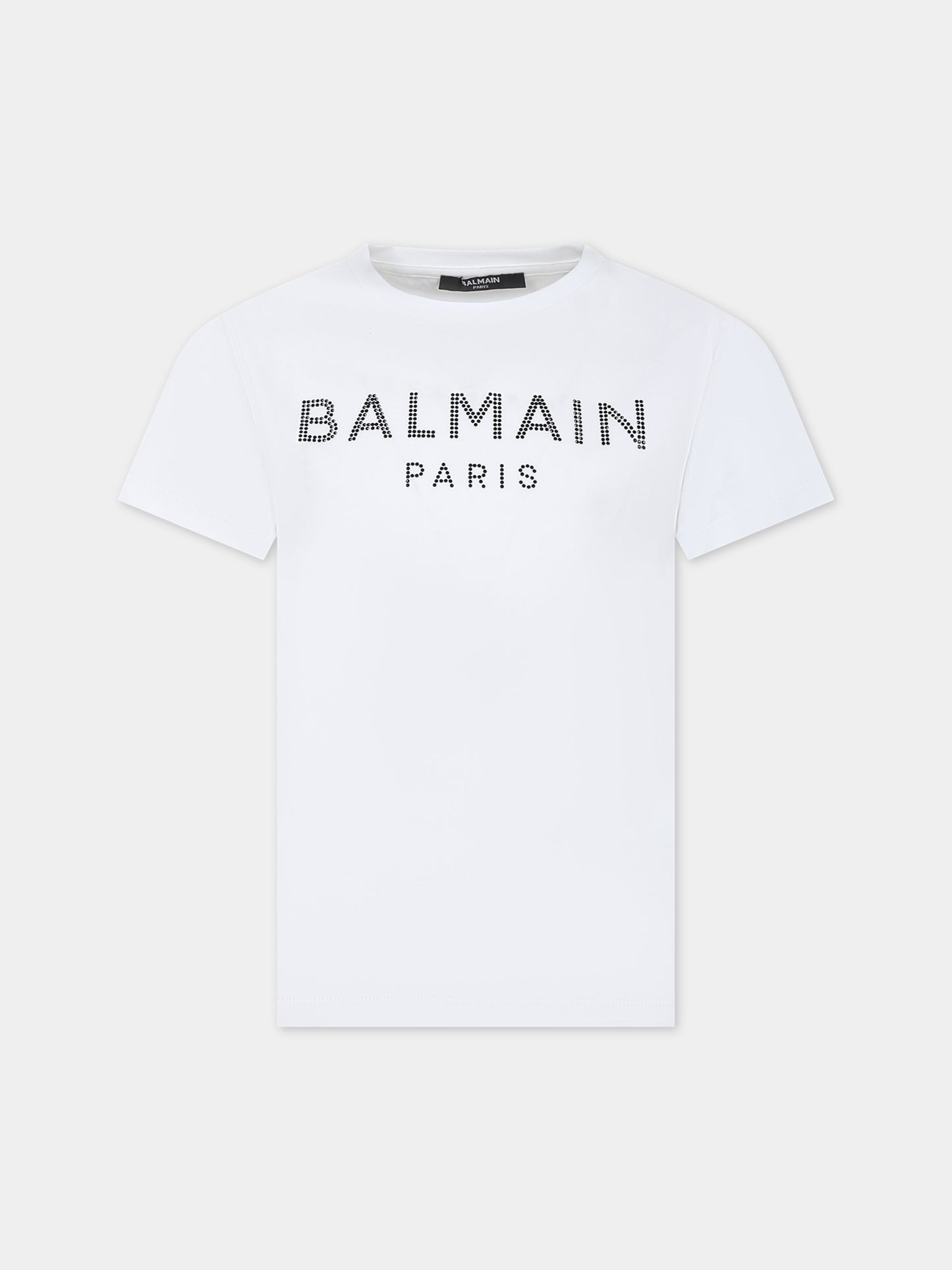 T-shirt bianca per bambina con logo e strass,Balmain Kids,BU8A91 Z0057 100NE