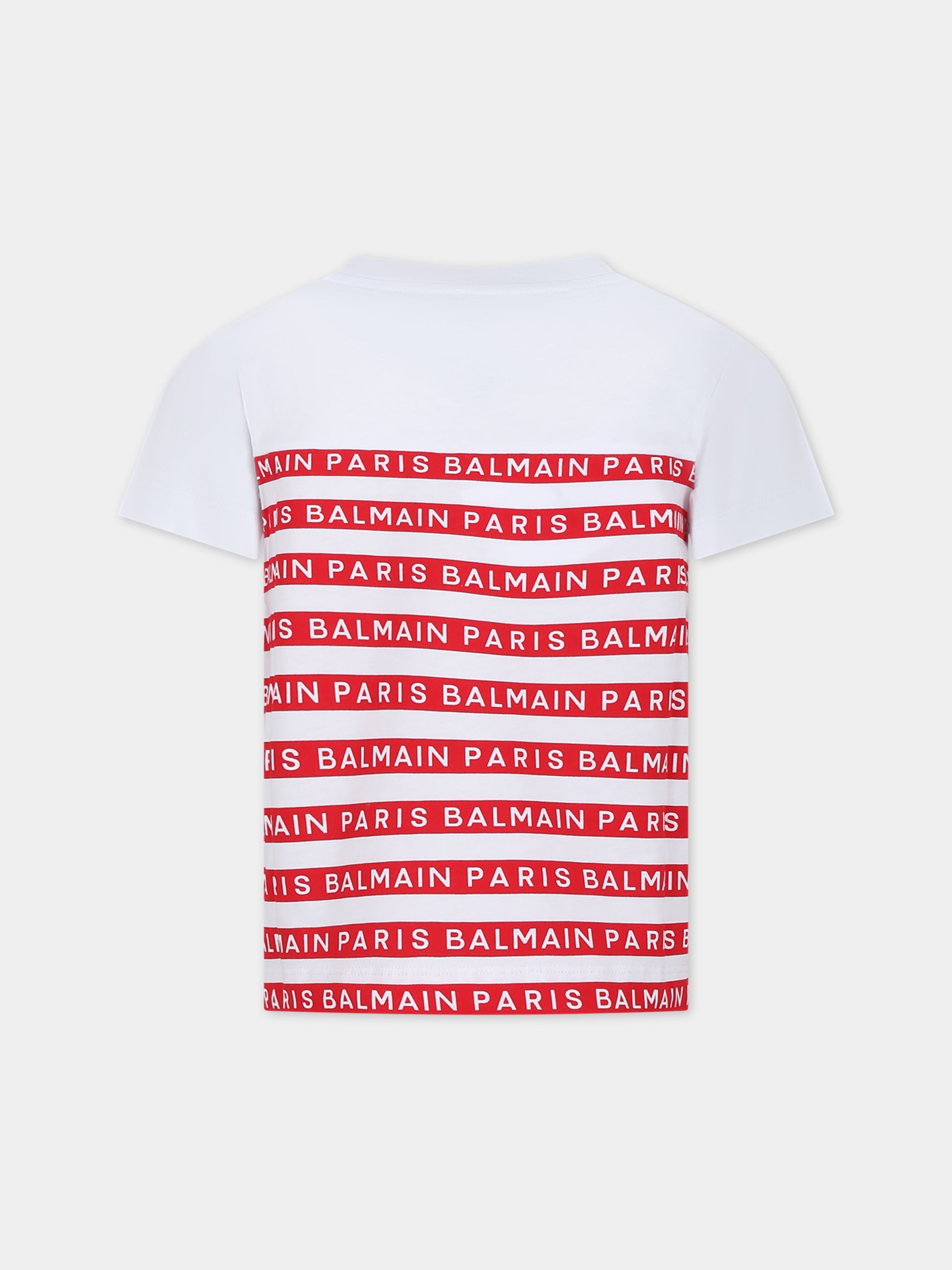 T-shirt bianca per bambina con righe rosse e logo,Balmain Kids,BU8A41 Z1911 100RO