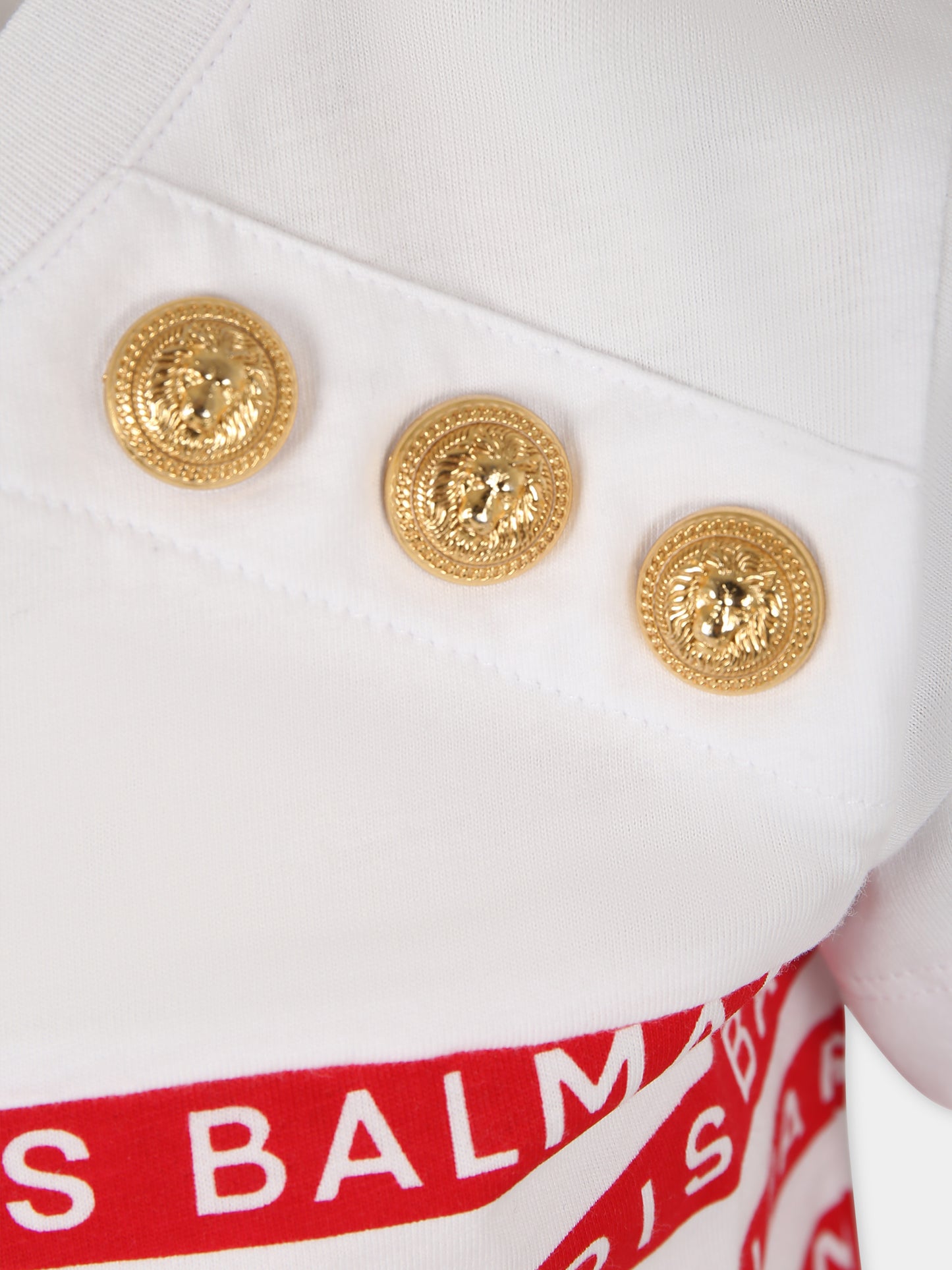 T-shirt bianca per bambina con righe rosse e logo,Balmain Kids,BU8A41 Z1911 100RO