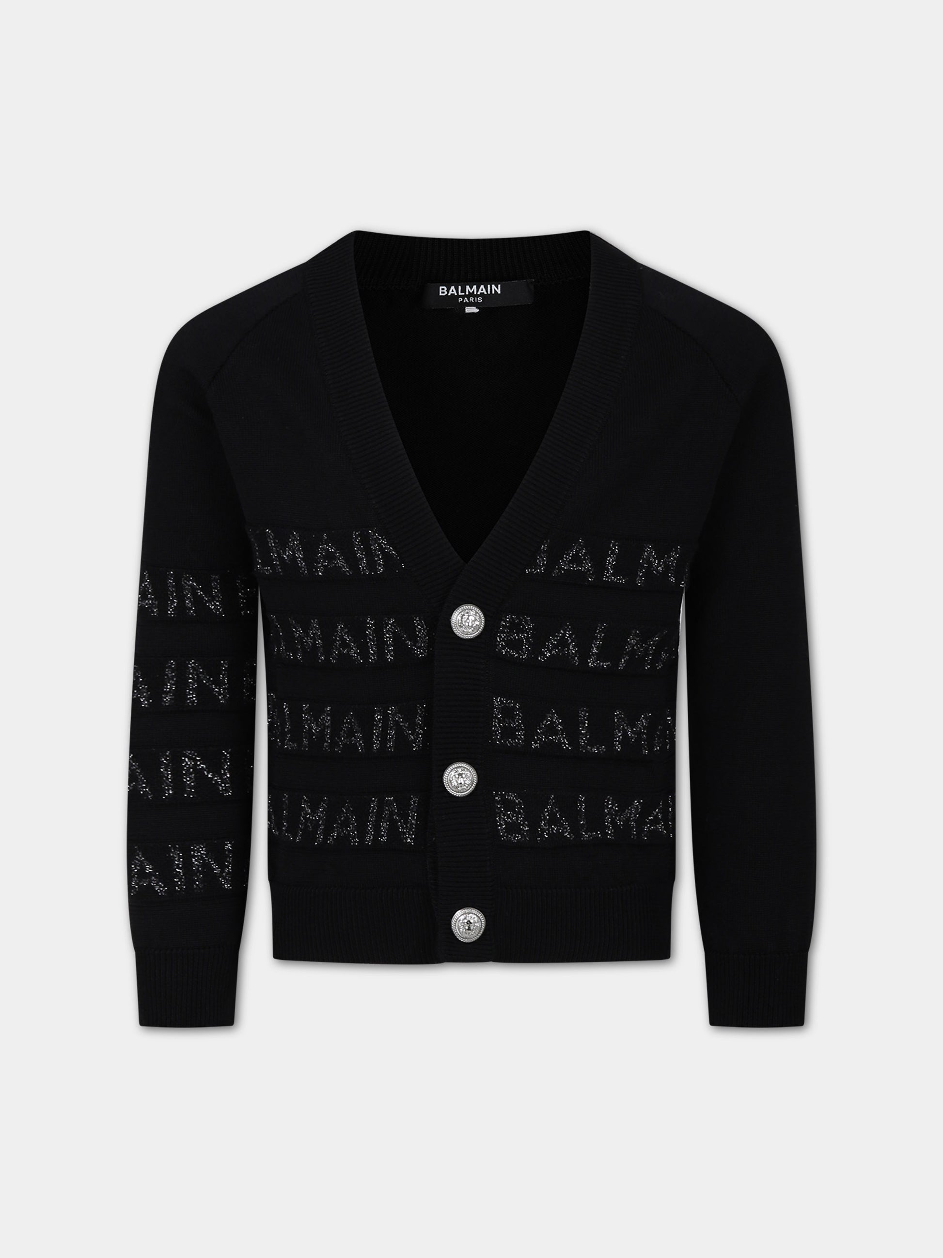 Cardigan nero per bambino con logo lurex,Balmain Kids,BU9P10 X0068 930AG