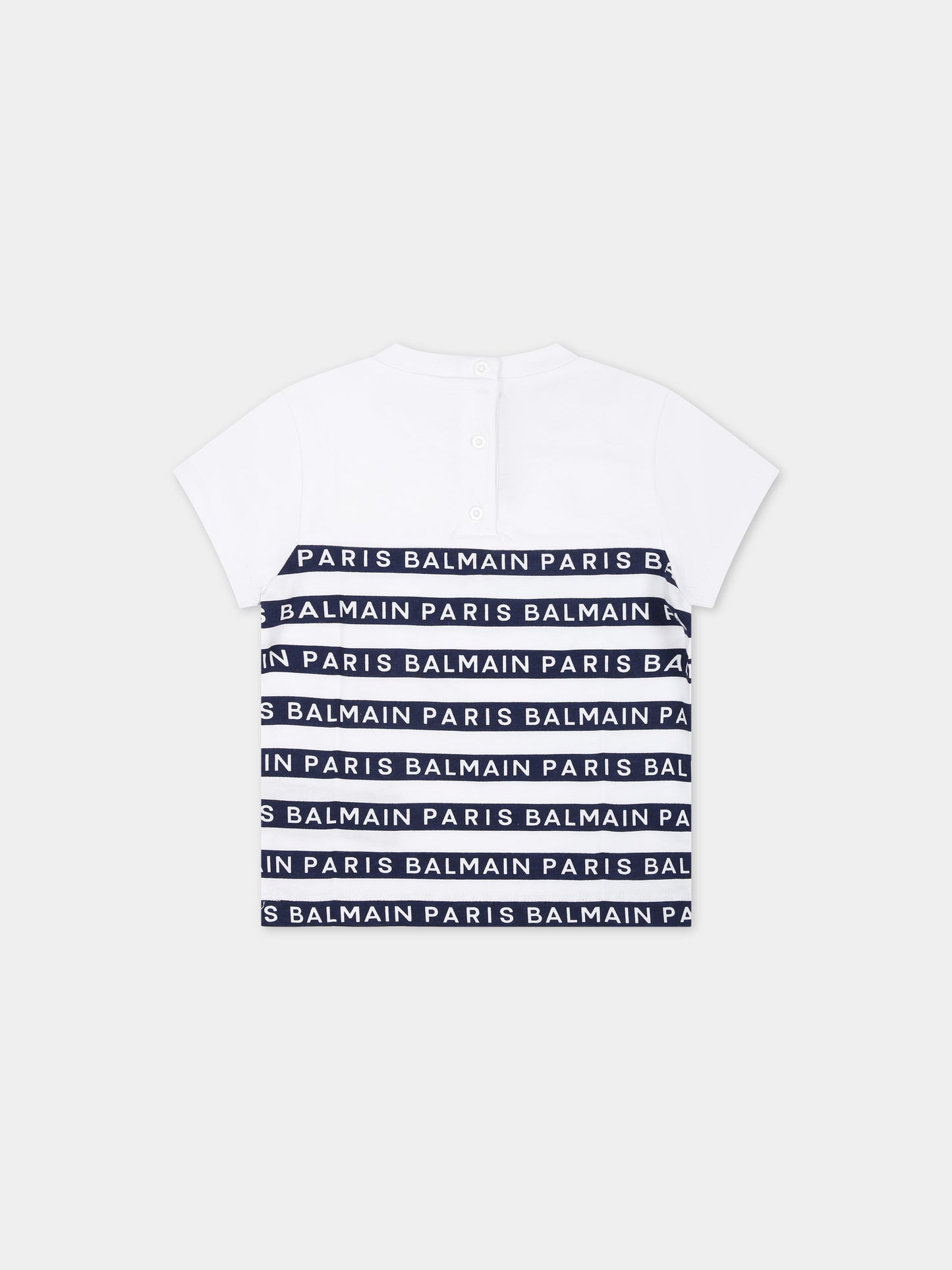 T-shirt bianca per neonato con righe blu e logo,Balmain Kids,BU8571 Z1911 100BL