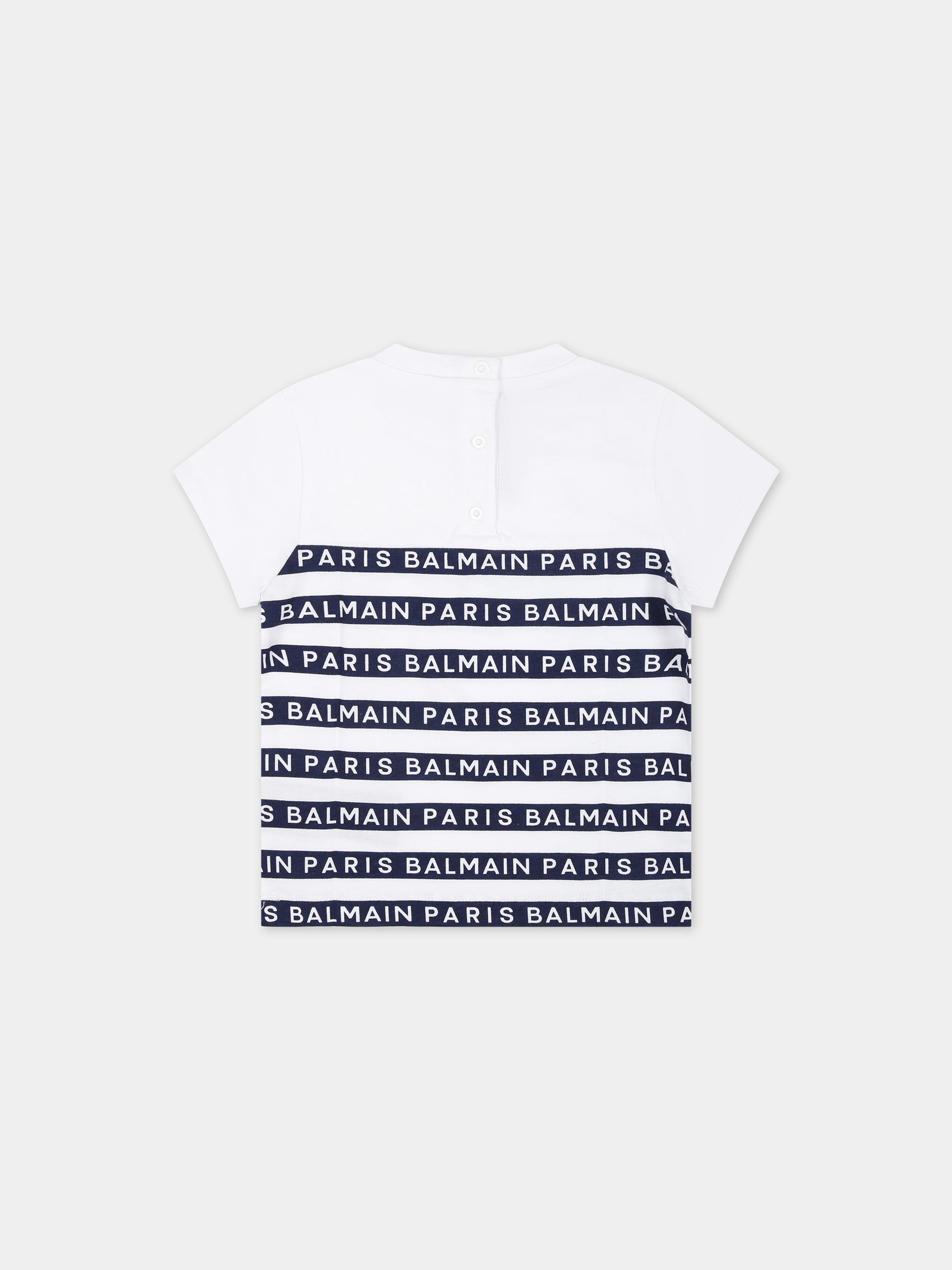 T-shirt bianca per neonato con righe blu e logo,Balmain Kids,BU8571 Z1911 100BL