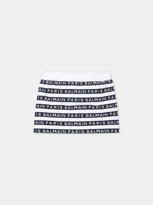 Gonna bianca per neonata con righe blu e logo,Balmain Kids,BU7001 Z1909 100BL