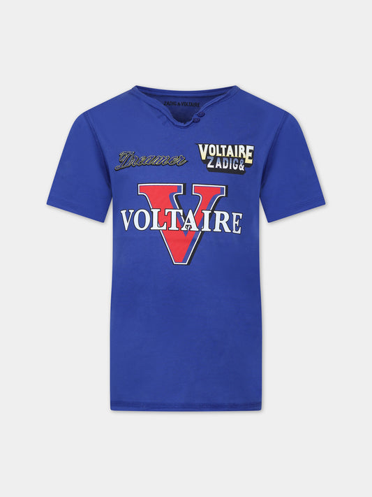 T-shirt blu per bambino con logo,Zadig & Voltaire Kids,X60087 861