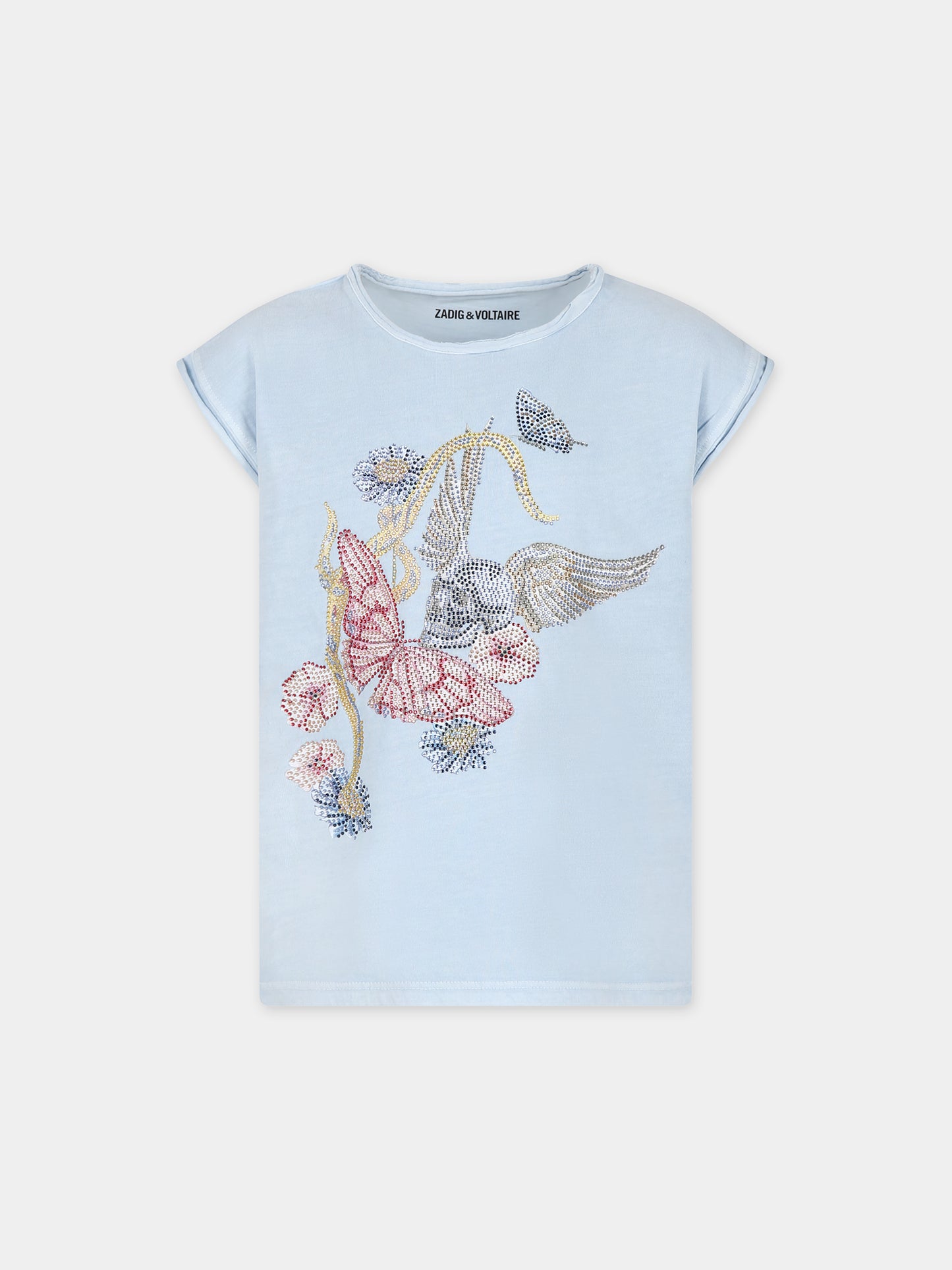 T-shirt celeste per bambina con teschio e farfalla,Zadig & Voltaire Kids,X60041 789