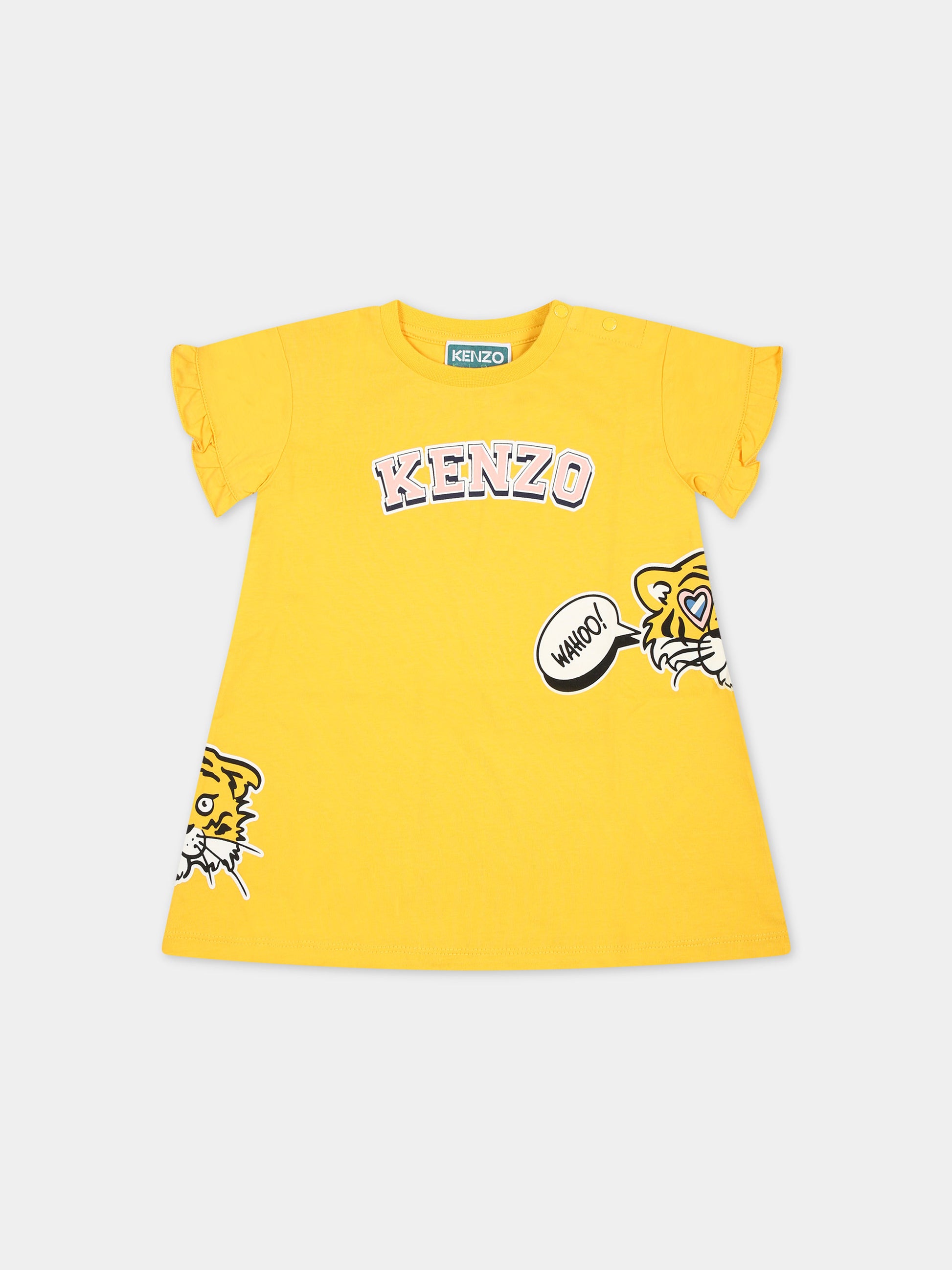 Vestito giallo per neonata con stampa e logo,Kenzo Kids,K60116 536