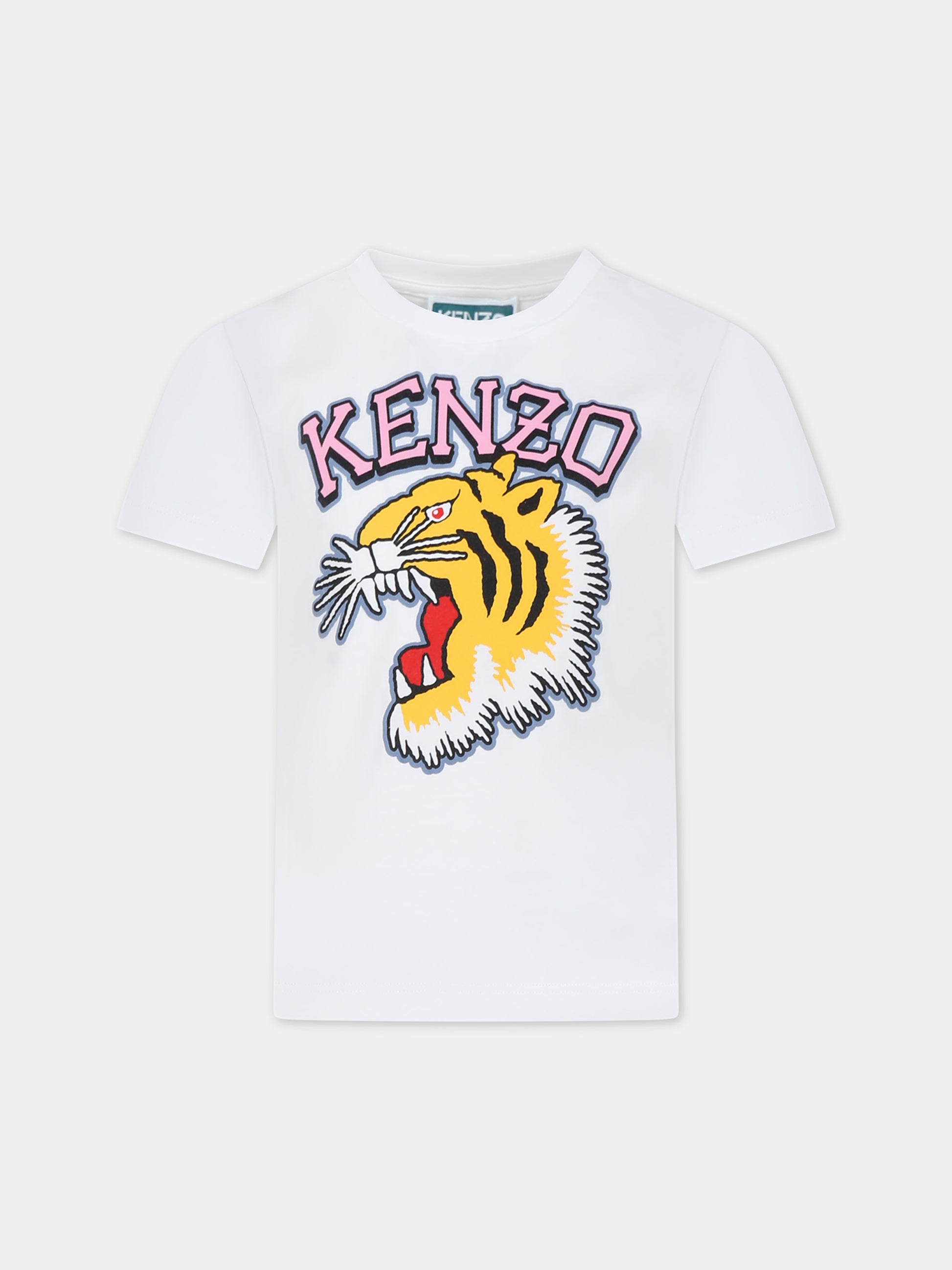 T-shirt avorio per bambina con iconica tigre e logo,Kenzo Kids,K60264 12P
