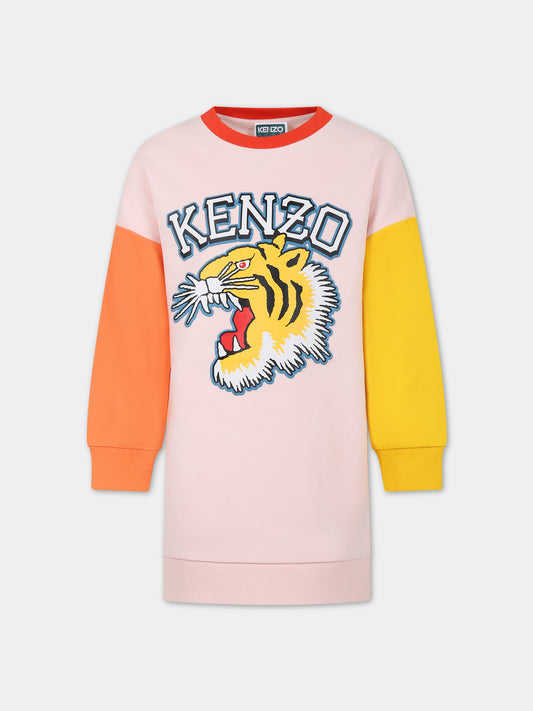 Vestito multicolor per bambina con iconica tigre e logo,Kenzo Kids,K60212 46T