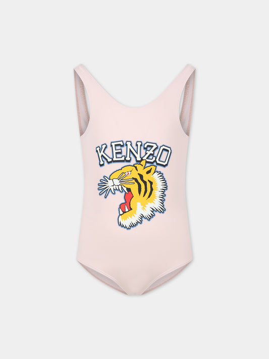 Costume intero rosa per bambina con stampa e logo,Kenzo Kids,K60177 46T