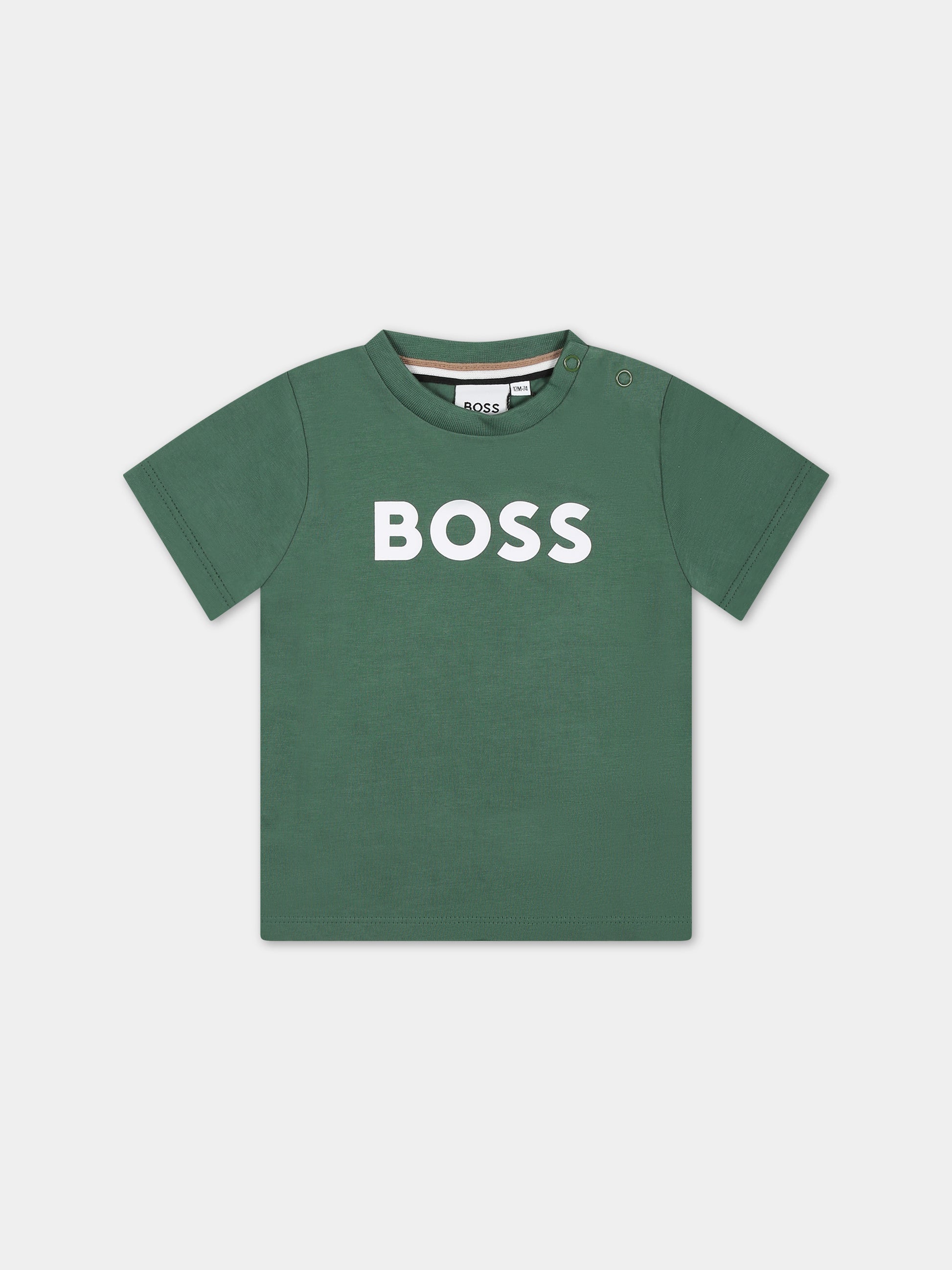 T-shirt verde per neonato con logo,Boss,J50601 651