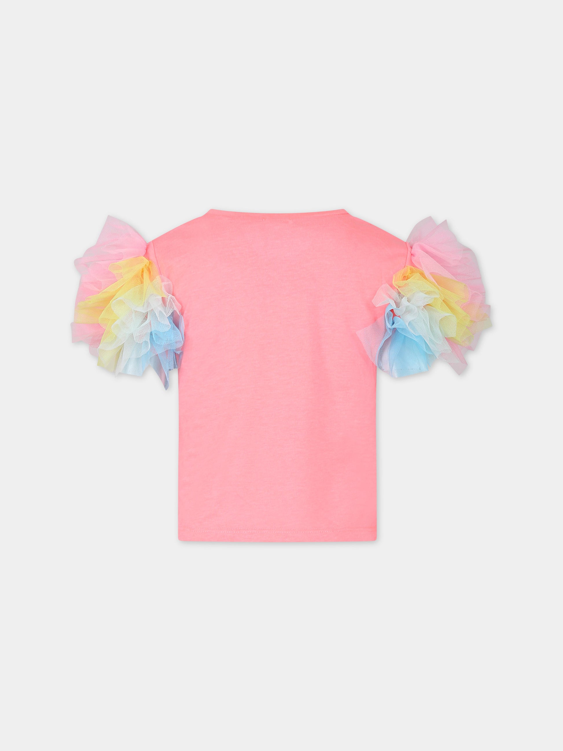 T-shirt fucsia per bambina con tulle e stampa multicolor,Billieblush,U20366 499