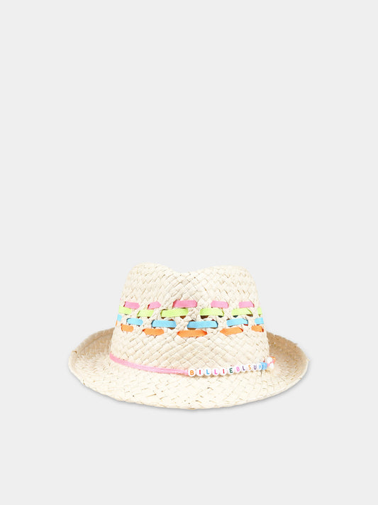 Cappello beige per bambina con nastri multicolor,Billieblush,U20340 Z41