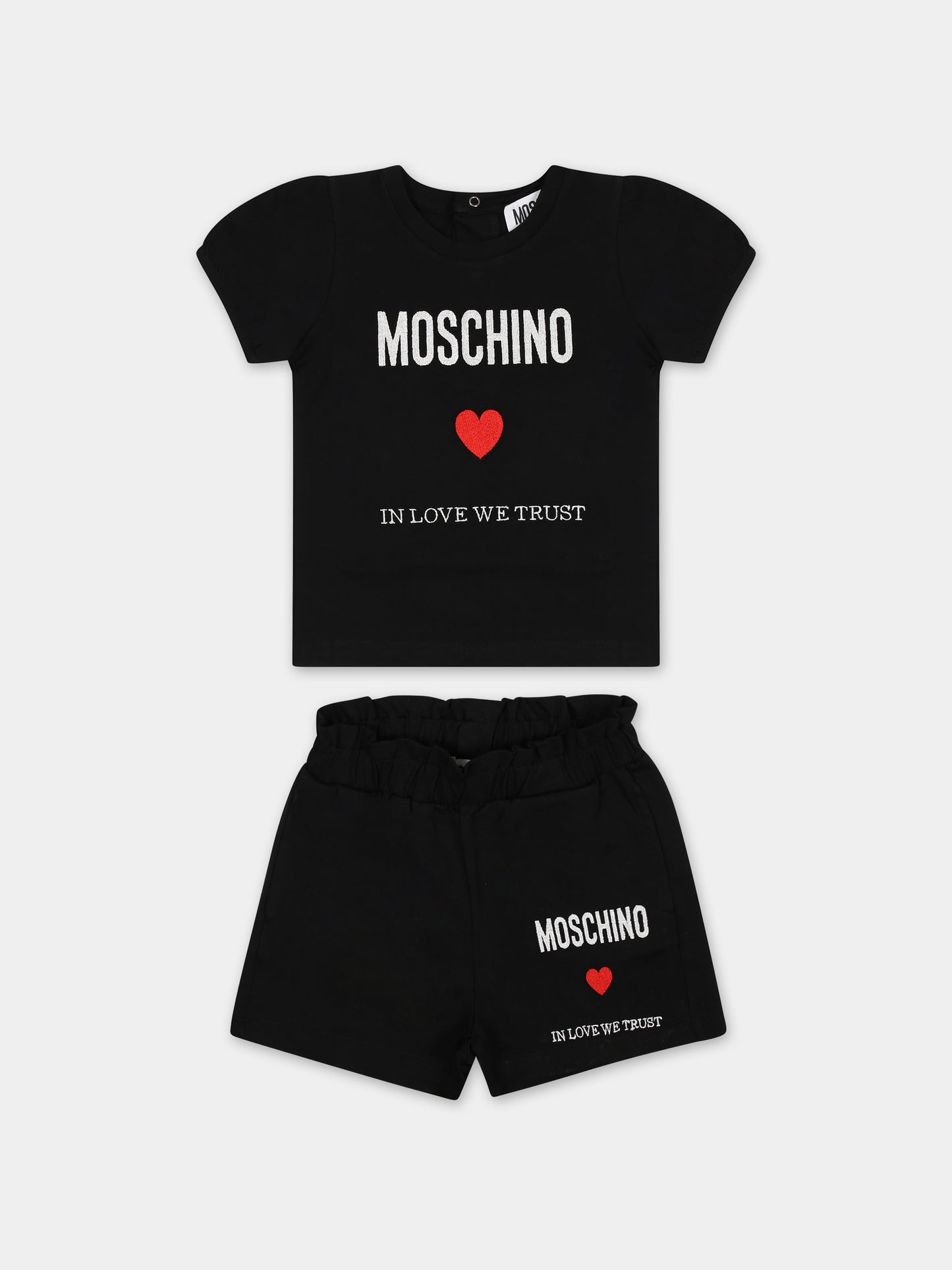 Completo nero per neonata con logo e cuore,Moschino Kids,MDG017 LAA22 60100