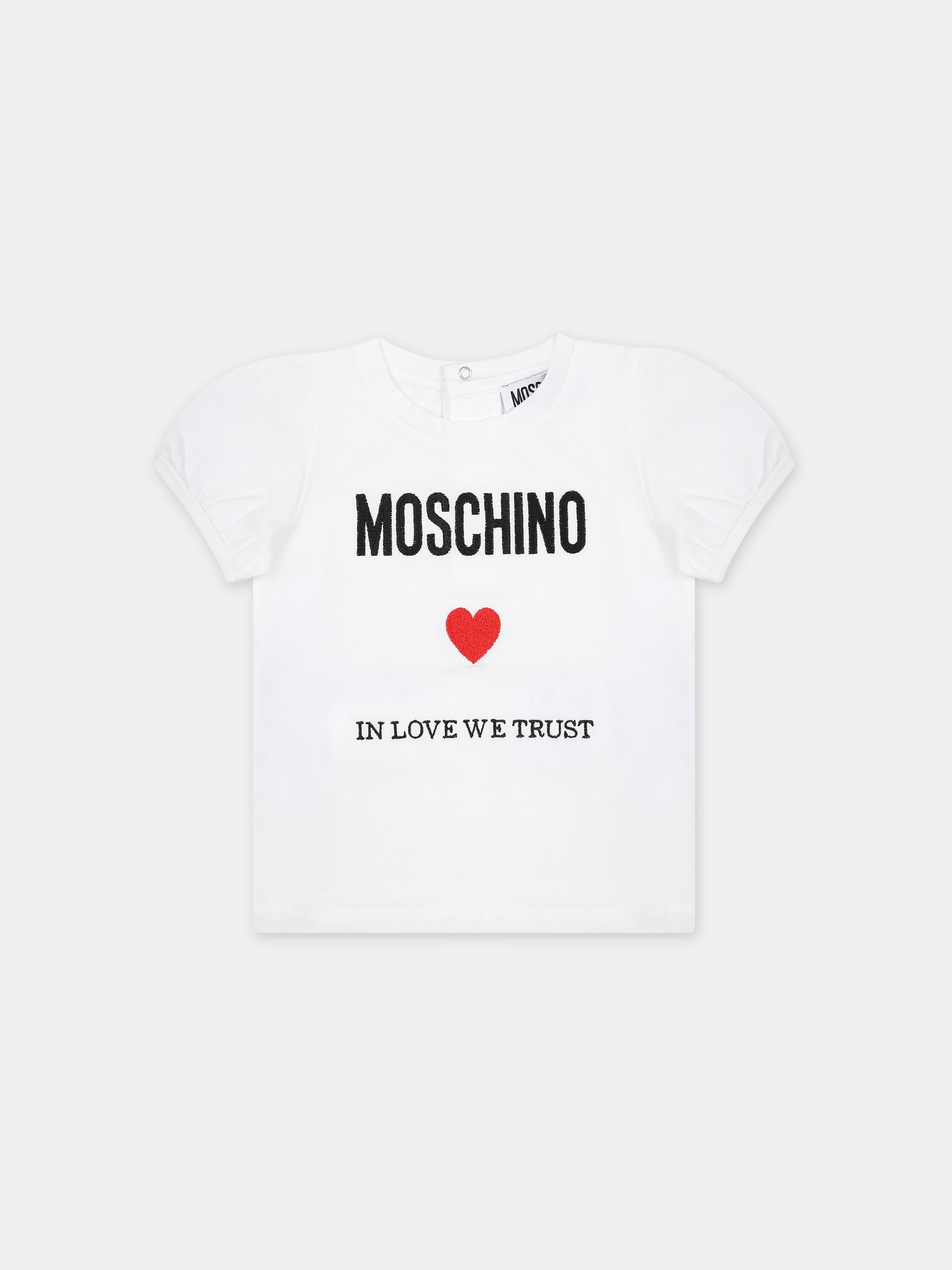 T-shirt bianca per neonata con logo,Moschino Kids,MDM03D LAA22 10101