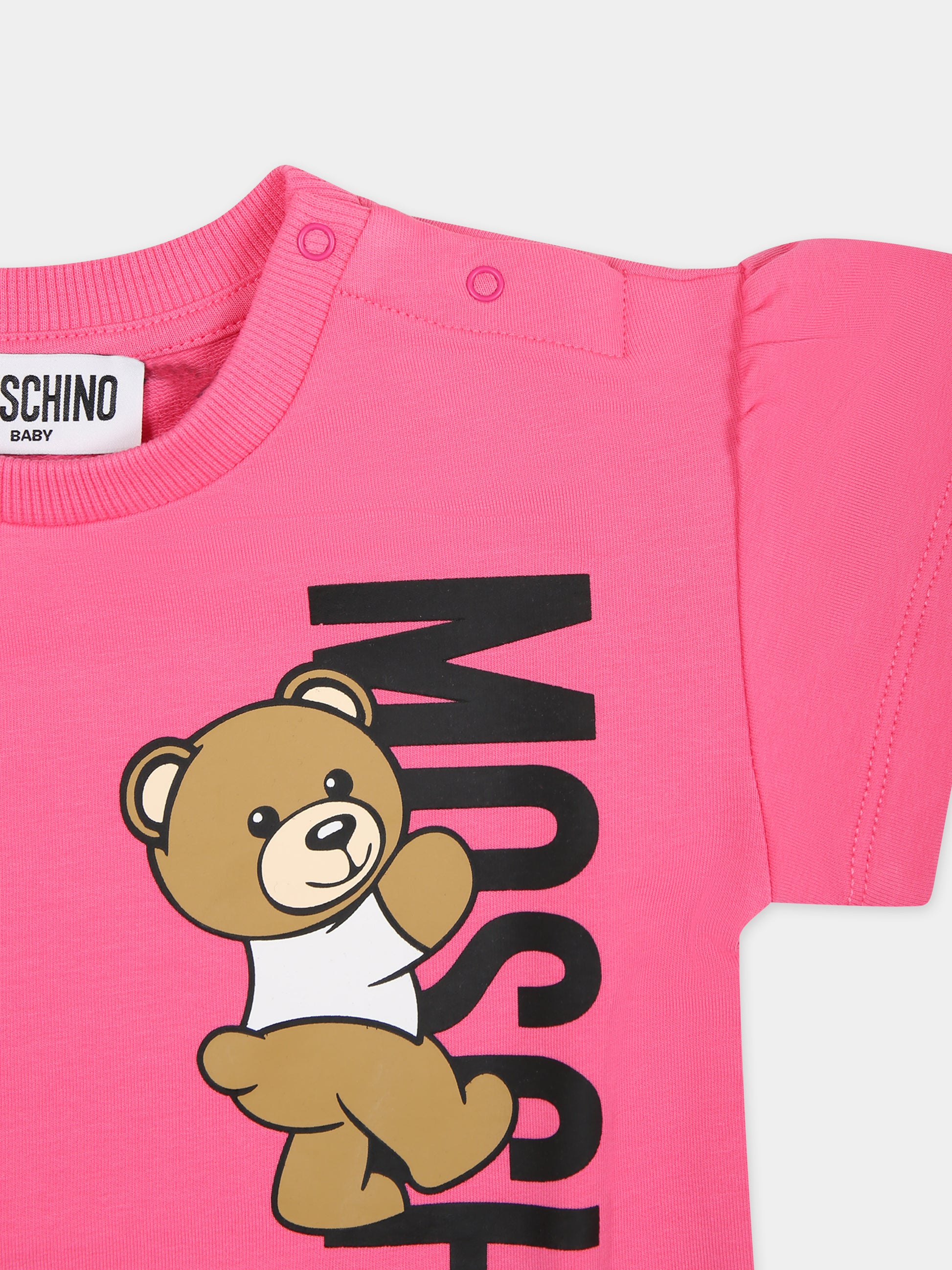 Vestito fucsia per neonata con Teddy Bear e logo,Moschino Kids,MDV0B6 LDA25 50580