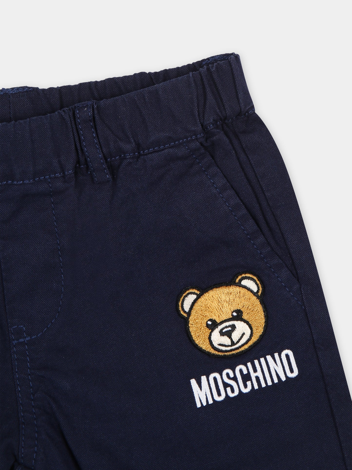 Pantaloni blu per neonato con Teddy Bear e logo,Moschino Kids,MUP04U LUA02 40016