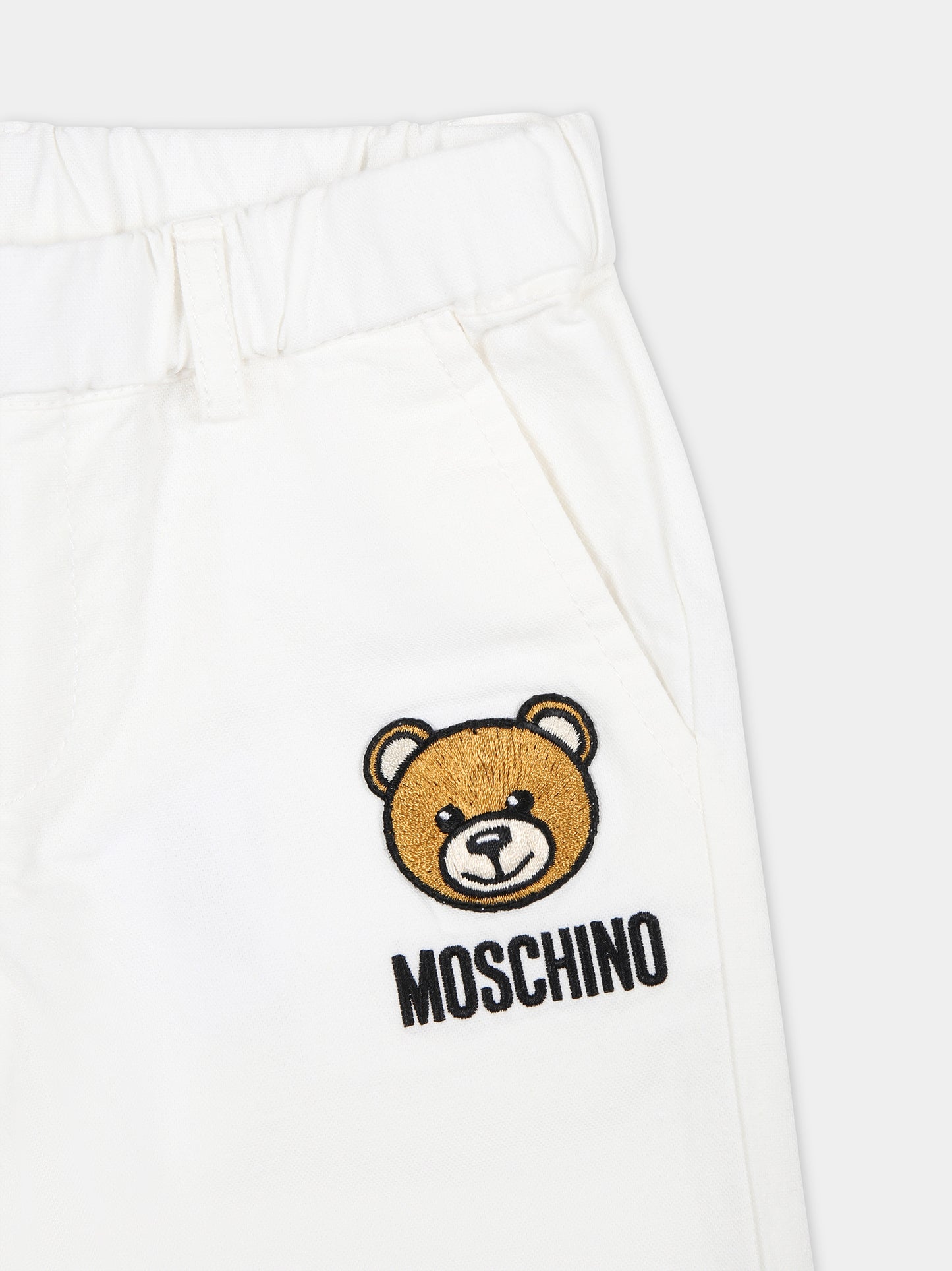 Pantaloni bianchi per neonato con Teddy Bear e logo,Moschino Kids,MUP04U LUA02 10101