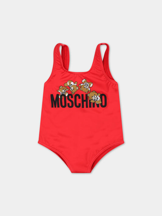 Costume intero rosso per neonata con logo e Teddy Bear,Moschino Kids,MJL00A LKA00 50109