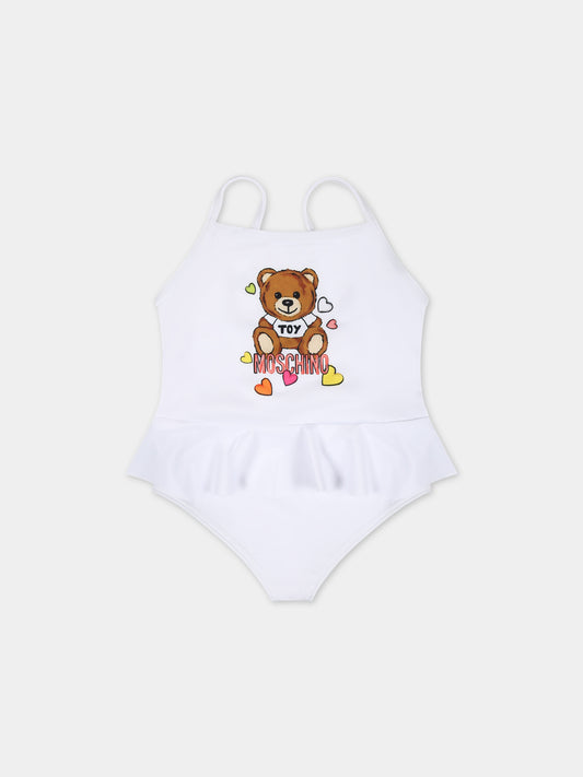 Costume bianco per neonata con Teddy Bear e logo,Moschino Kids,MDL00N LKA00 10101