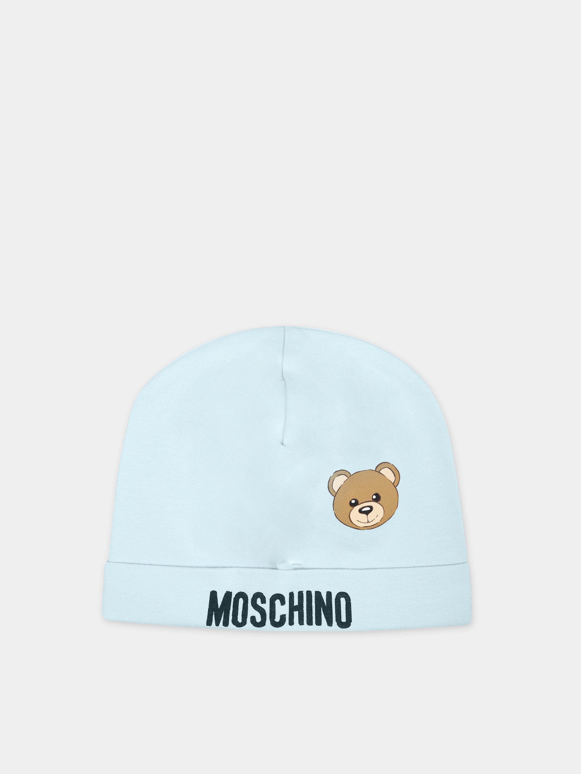 Cappello celeste per neonato con logo e Teddy Bear,Moschino Kids,MYX031 LBA00 40304