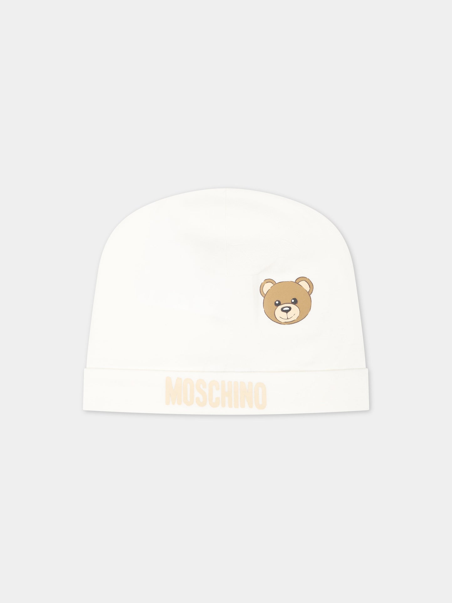 Cappello bianco per neonato con logo e Teddy Bear,Moschino Kids,MYX031 LBA00 10063
