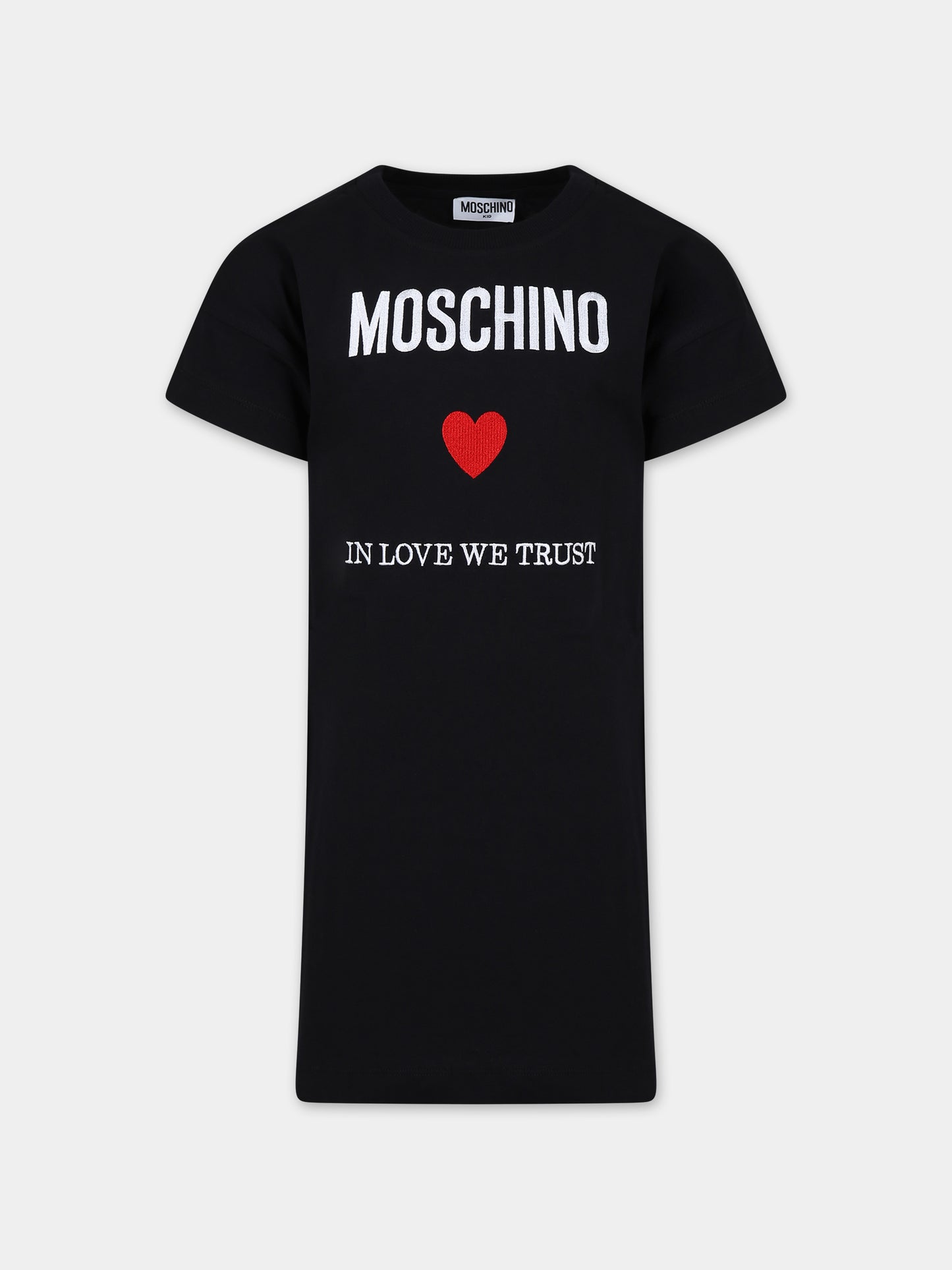 Vestito nero per bambina con logo e cuore,Moschino Kids,HDV0EQ LAA22 60100