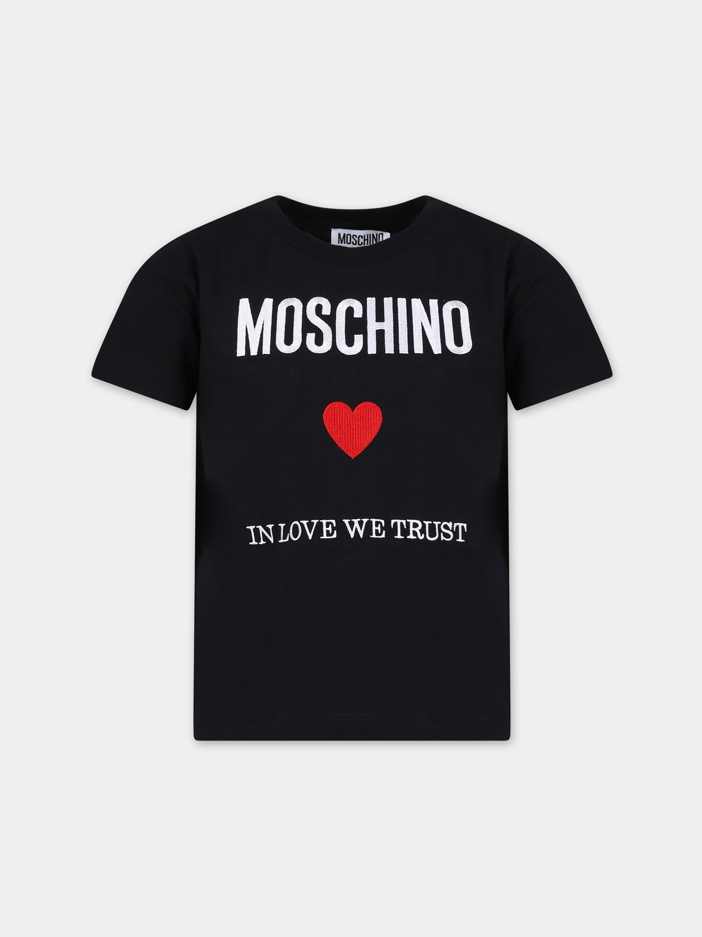 T-shirt nera per bambina con logo e cuore rosso,Moschino Kids,HOM04K LAA22 60100