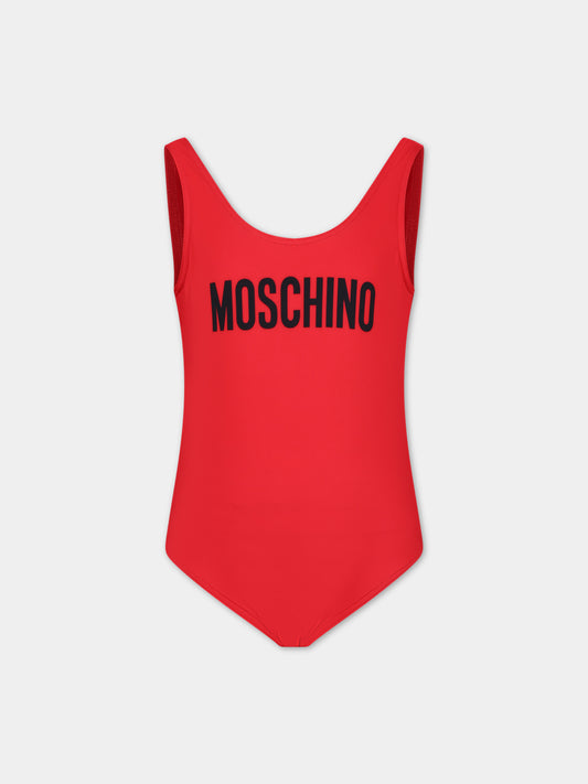 Costume intero rosso per bambina con logo,Moschino Kids,HDL00T LKA00 50109