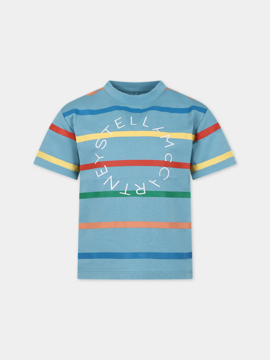 T-shirt celeste per bambini con logo e righe multicolor,Stella Mccartney Kids,TU8P81 Z1742 655MC