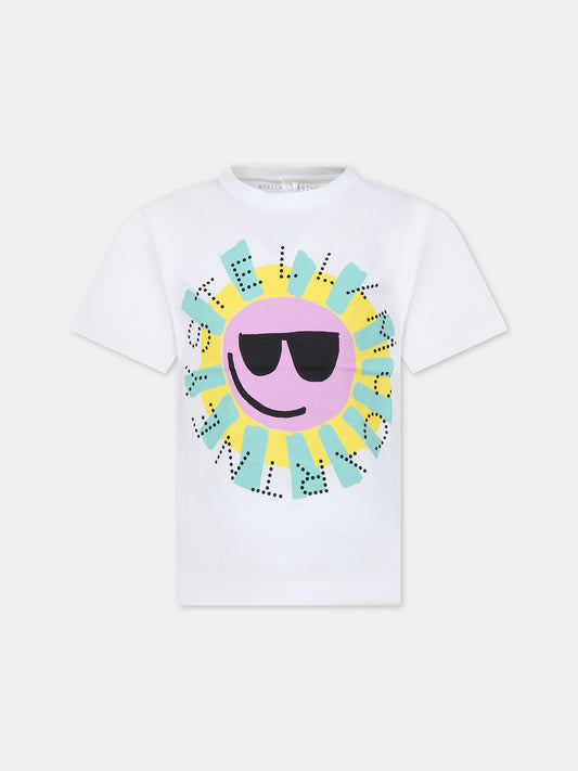 T-shirt bianca per bambina con stampa sole multicolor,Stella Mccartney Kids,TU8B21 Z0434 100