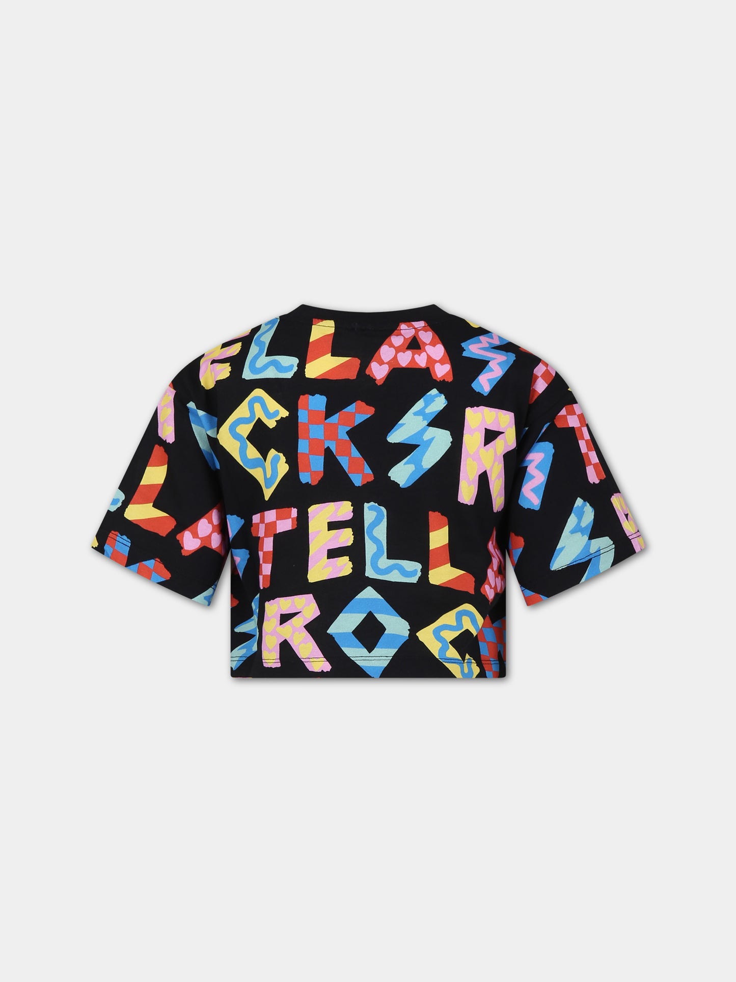 T-shirt nera per bambina con stampa multicolor all-over,Stella Mccartney Kids,TU8B71 Z1583 930MC