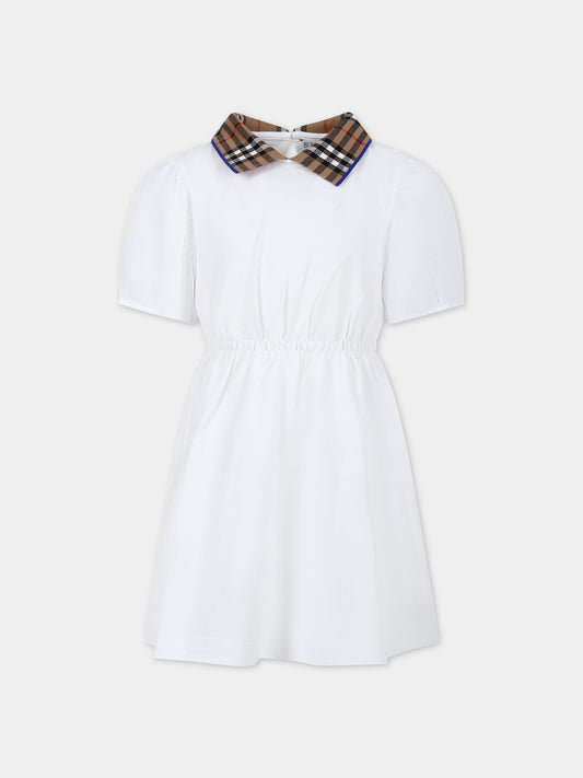 Vestito bianco per bambina con check vintage sul colletto,Burberry Kids,8073165 A1464