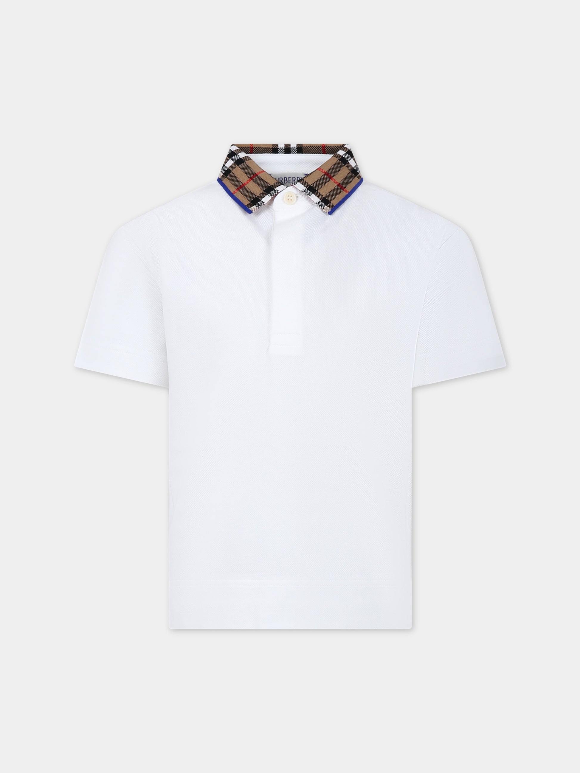 Polo bianca per bambino con check vintage sul colletto,Burberry Kids,8073160 A1464