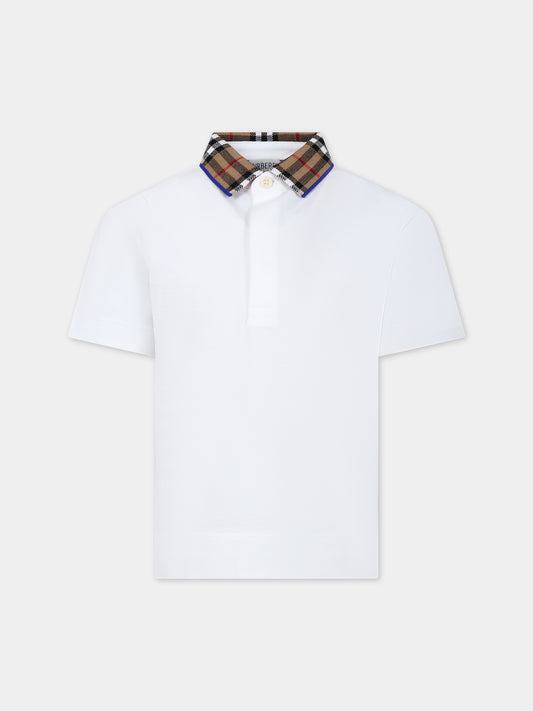 Polo bianca per bambino con check vintage sul colletto,Burberry Kids,8073160 A1464