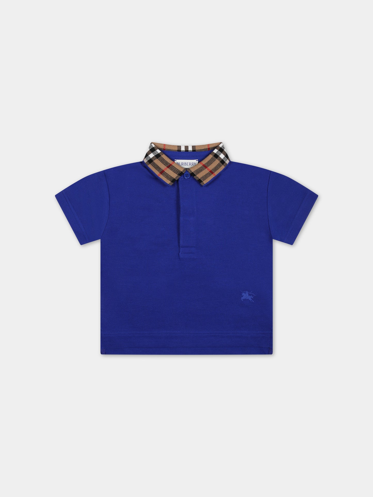 Polo azzurra per neonato con check vintage sul colletto,Burberry Kids,8081965 B7323
