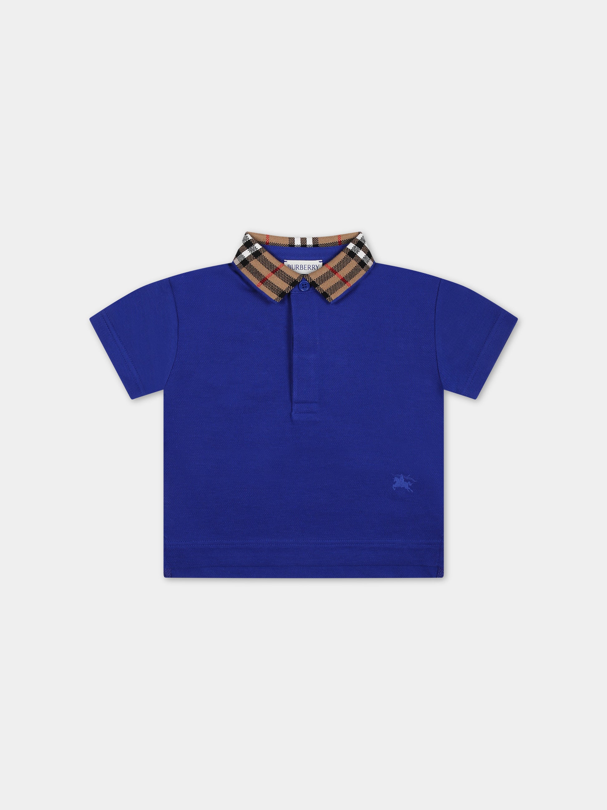 Polo azzurra per neonato con check vintage sul colletto,Burberry Kids,8081965 B7323