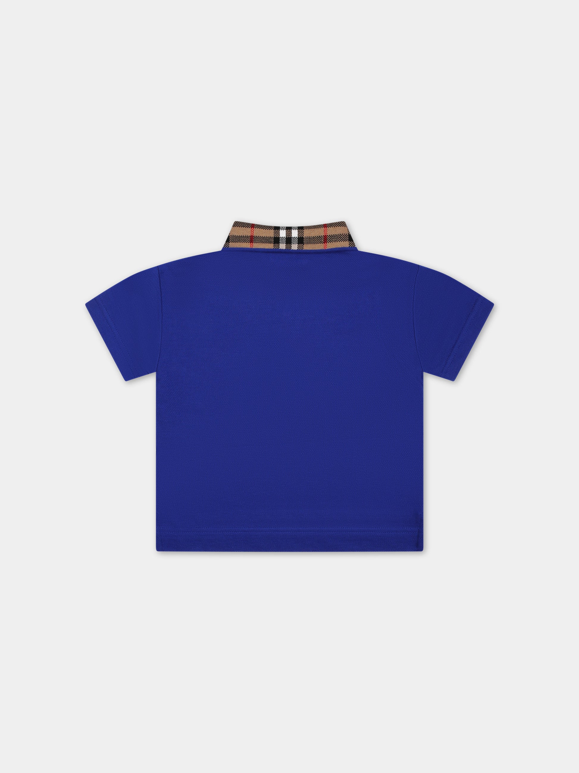 Polo azzurra per neonato con check vintage sul colletto,Burberry Kids,8081965 B7323