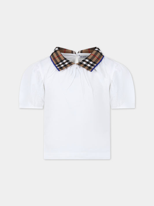 T-shirt bianca per bambina con check vintage sul colletto,Burberry Kids,8073164 A1464