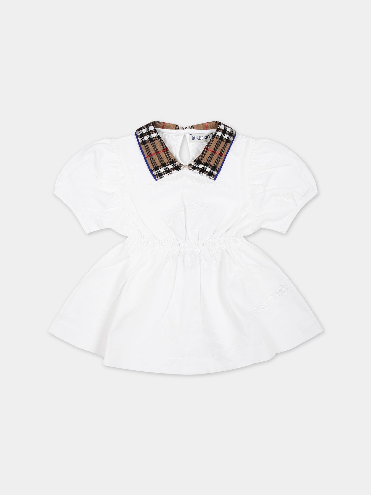 Vestito bianco per neonata con check vintage sul colletto,Burberry Kids,8078459 A1464