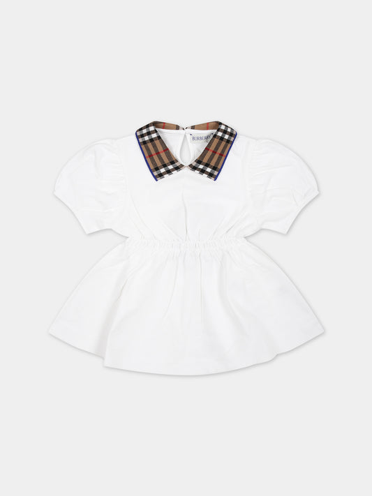Vestito bianco per neonata con check vintage sul colletto,Burberry Kids,8078459 A1464