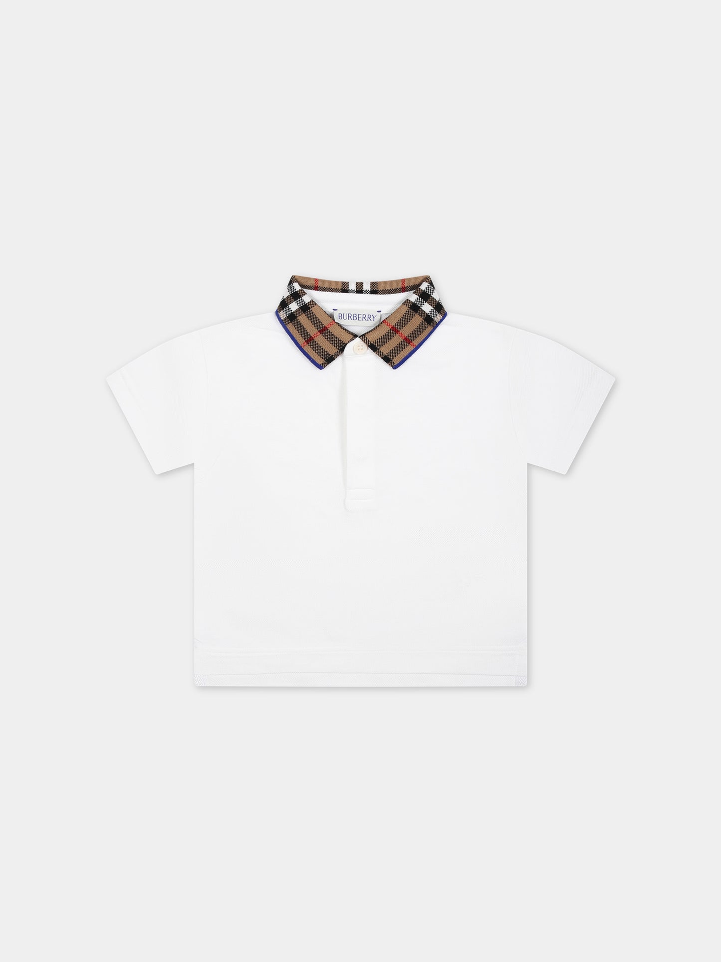 Polo bianca per neonato con check vintage sul colletto,Burberry Kids,8078569 A1464